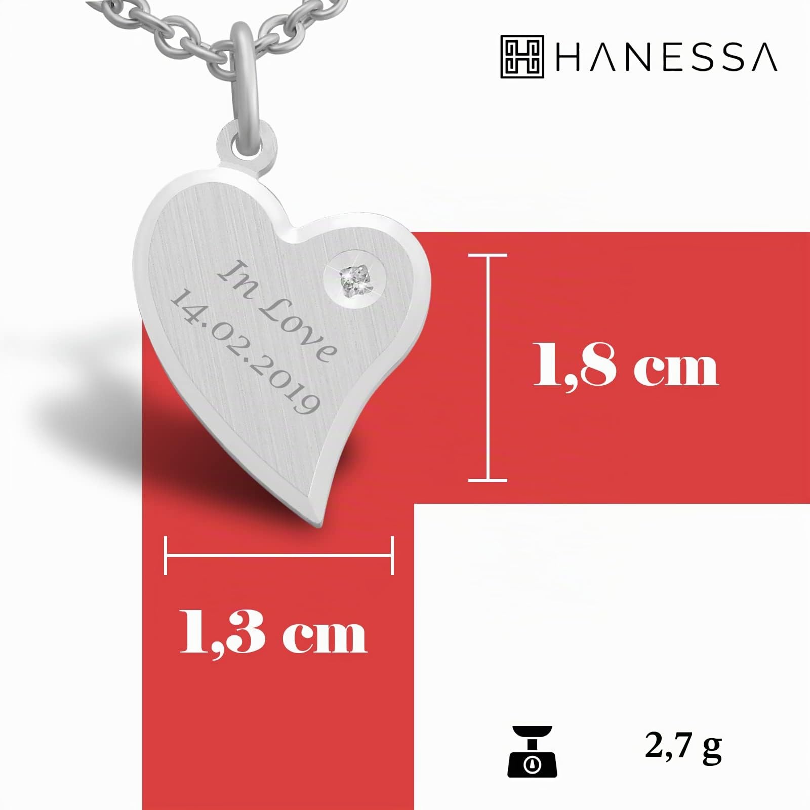 925 Sterling Silber Kette mit Gravur 42 + 3 cm mit Anhänger Herz mit Strass-Stein in silber - Personalisierte Halskette Damen Silberkette Schmuck - Geschenke personalisiert