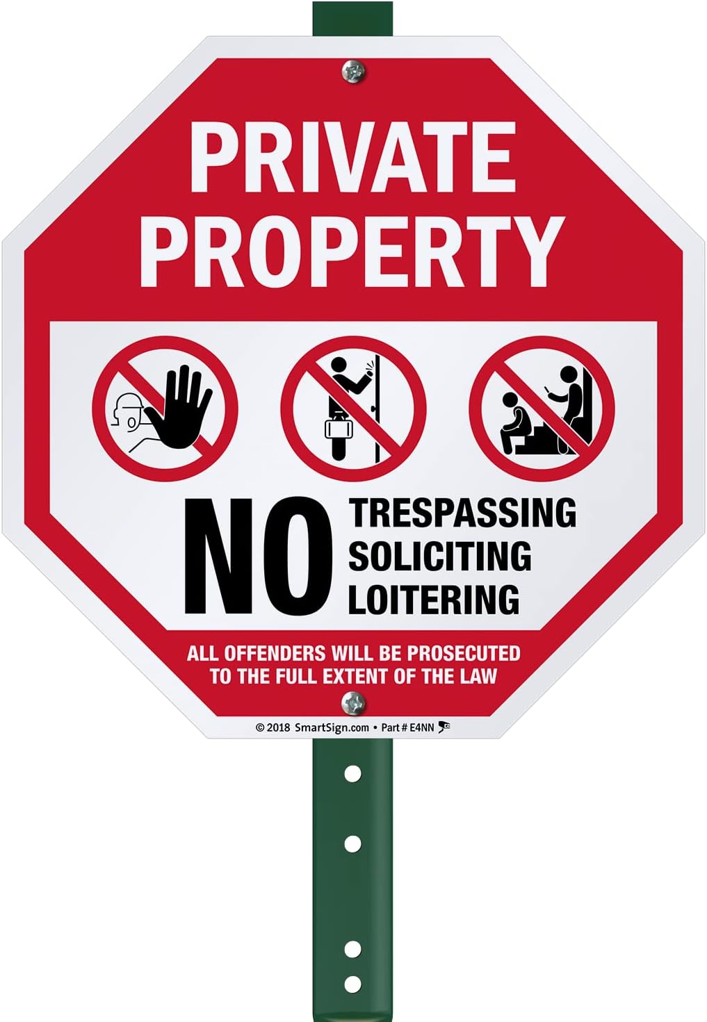 SmartSign 10" x 10" 'Private Property No Trespassing No Soliciting Offenders Prosecuted' Octagon Yard Sign with 3 ft Stake, 40 mil Laminated Rustproof Aluminum, Red/Black and White