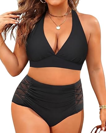 Yonique Womens Two Piece Plus Size Halter Bikini Swimsuits Tummy Control Bathing Suits High Waisted Swimwear