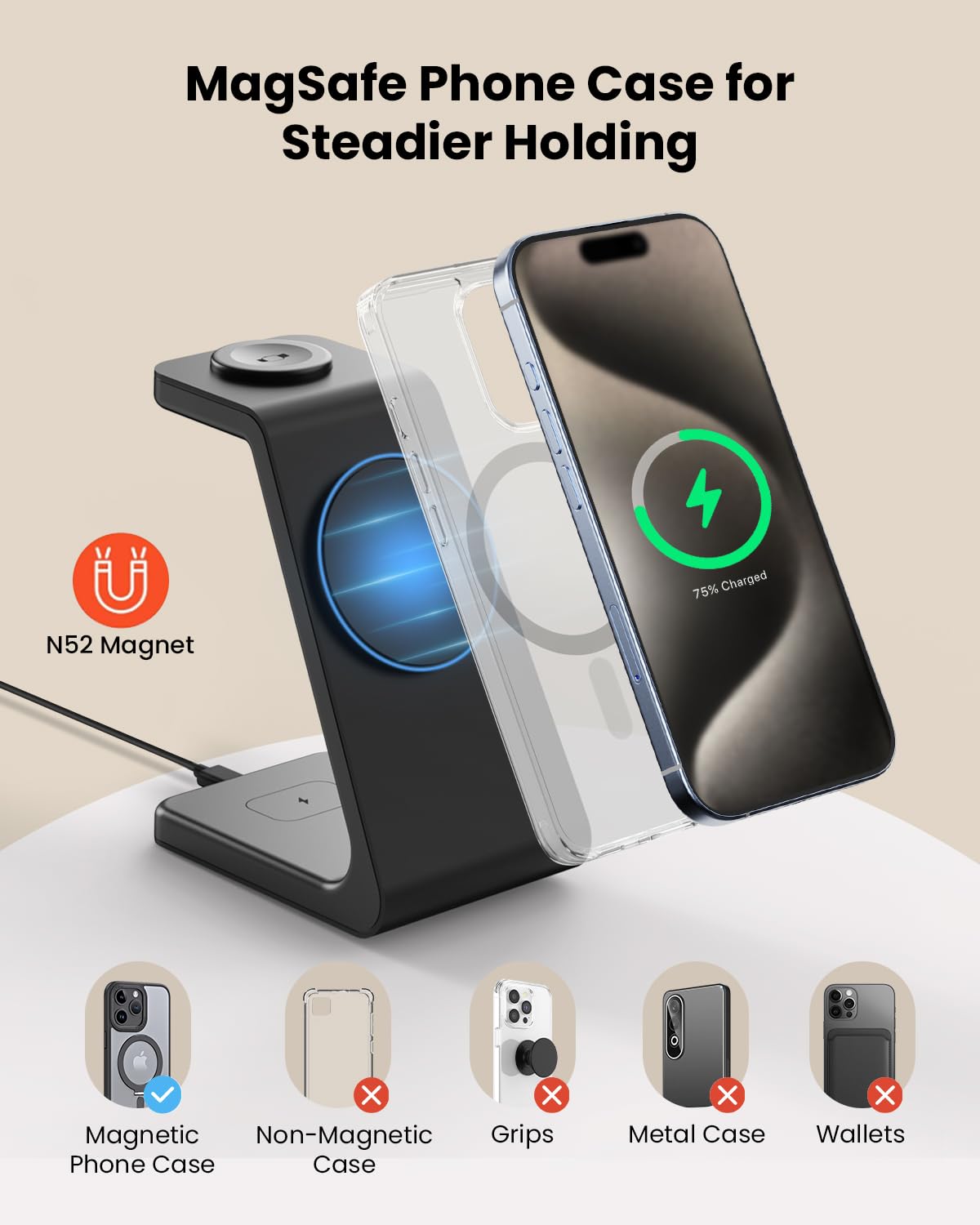 GEEKERA Station de charge sans fil 3 en 1 compatible avec MagSafe, certifié Qi2 15 W, chargeur magnétique sans fil rapide, pour iPhone 16/15/14/13/12, Apple Watch, AirPods 4/3/Pro