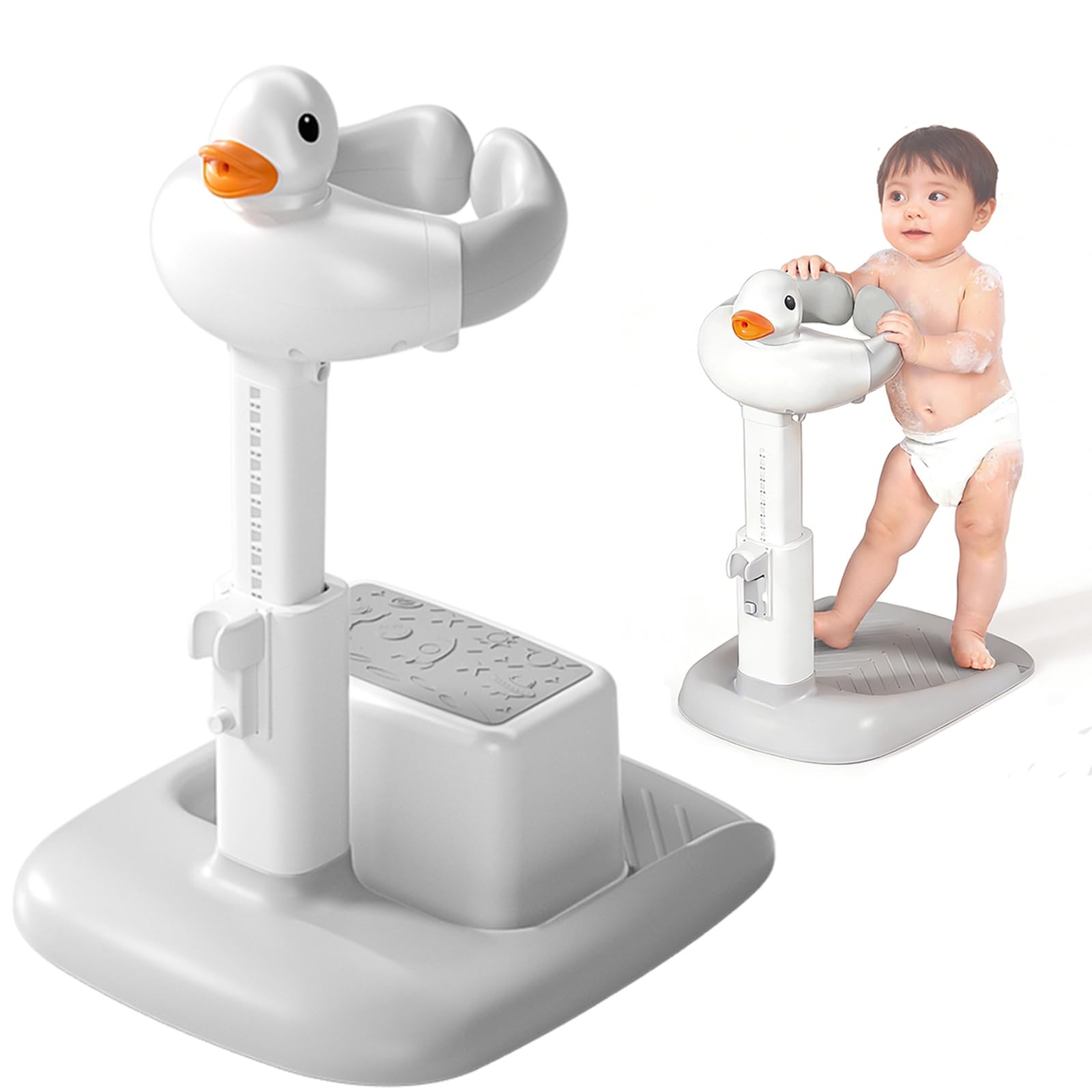 Support de Bain Bébé Debout avec Canard Sonore, Douchette Bébé Bain Réglable en Hauteur, Siège de Bain pour Bébé Antidérapant pour 6 Mois à 3 Ans, Idéal pour Salle de Bain Familiale et Crèches