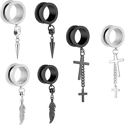 6-delige set oortunnels met hanger, roestvrij staal Flesh tunnel-set 6-16 MM, hanger met veerkruis en schroefsluiting, uitbreekbare oorplugs, piercing oorbellen, 5/8 = 16MM, Roestvrij staal, Geen