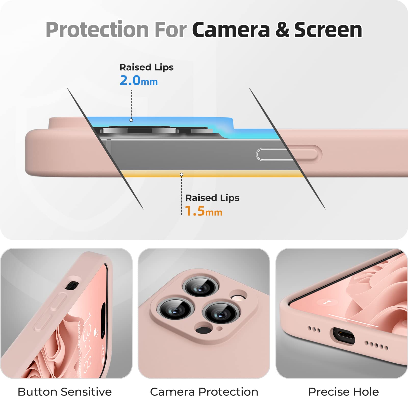 GOODVISH 3 in 1 Cover per iPhone 14 Pro in Silicone 6,1" (2022), con 2 Pezzi di Pellicola Protettiva, iPhone 14 Pro Custodia per Cellulare Antiurto Resistente Protezione Fotocamera, Rosa Sabbia