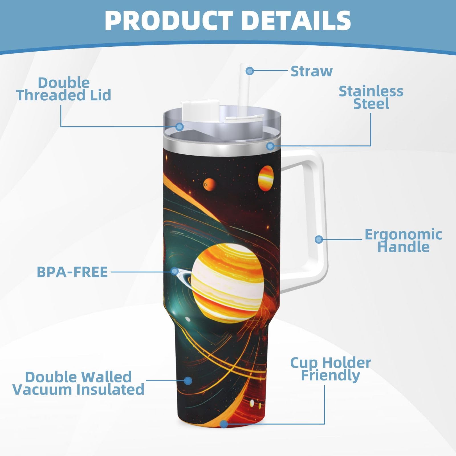 Solar System Jupiter Saturn Wasserflasche aus Edelstahl, doppelwandig, isoliert, mit Griff und Strohhalm-Deckel, 1,2 l