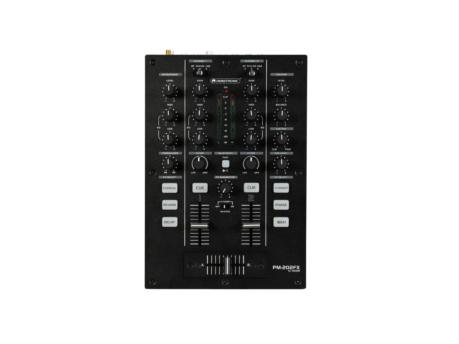OMNITRONIC Mezclador DJ de 2 canales PM-202FX con filtro, FX y Bluetooth - Mezclador DJ con conectividad Bluetooth, filtro bipolar y 6 efectos de sonido