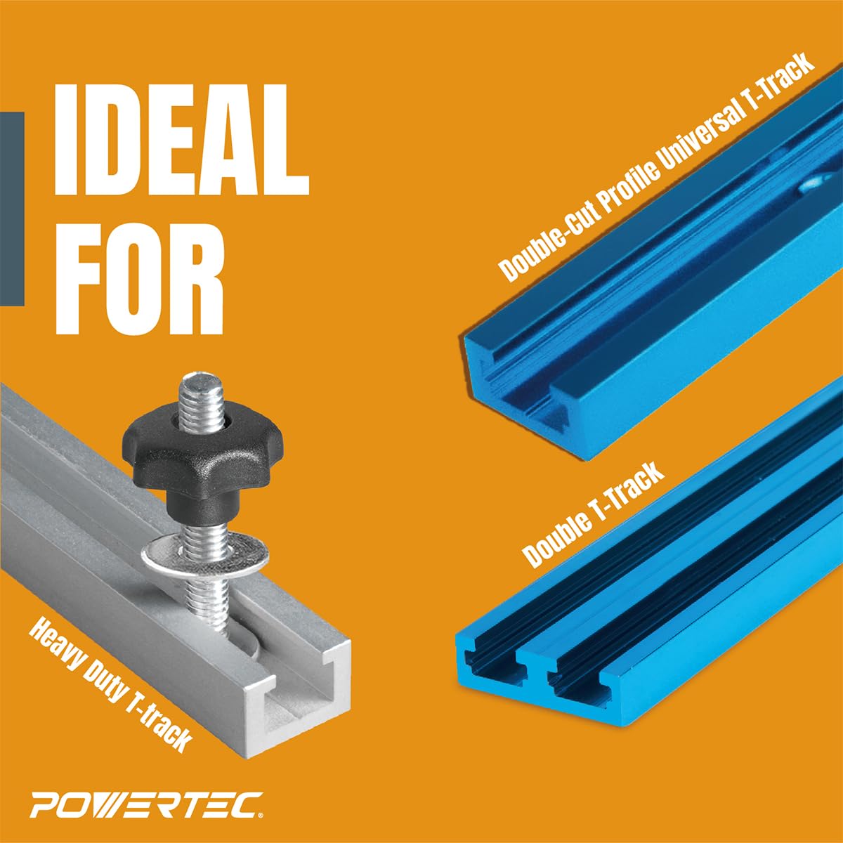 POWERTEC 71889 2 Stück Doppelschnitt-Profil-Universal-T-Schiene (91,4 cm) und 10-teiliges Knauf-Set inklusive 1/4-Zoll-20 x 3,8 cm T-Schrauben und Unterlegscheiben für Holzbearbeitungsvorrichtungen