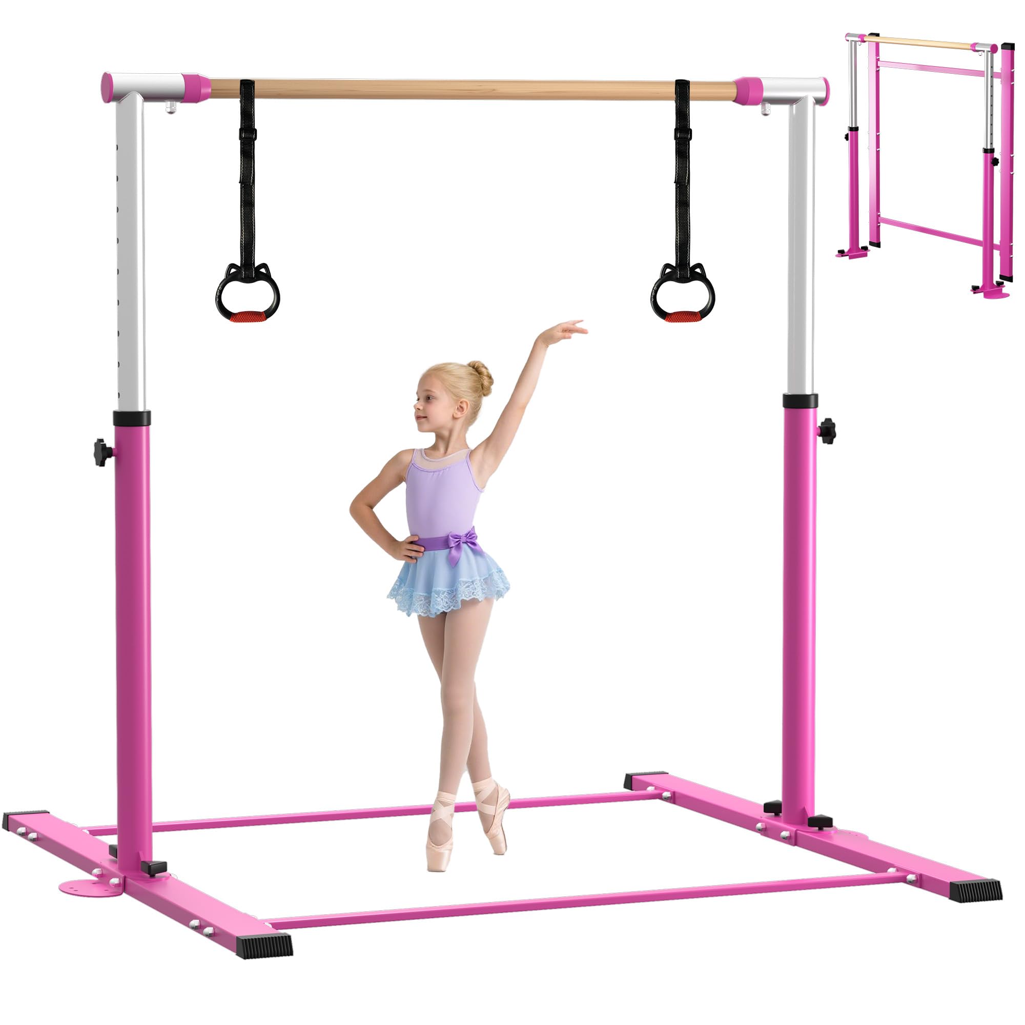 Gymnastic Kip Bar,Horizontal Bar for Kids Girls Junior,3' to 5' Adjustable Height,Home Gym Equipment,Ideal for Indoor and Home Training,300lbs Weight Capacity (53 * 9.7 * 7inch, pink1, 1)-image-12