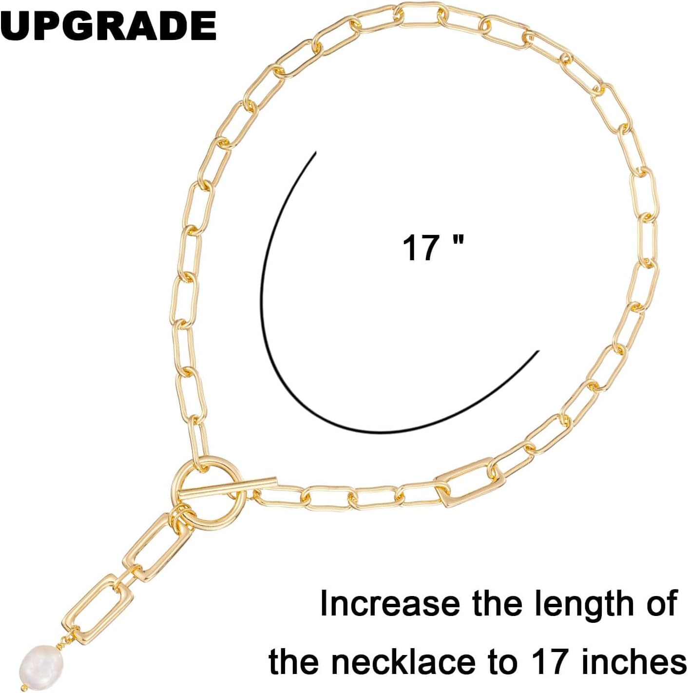 Adjustable Pearl Necklace for Women, 17 Inch Gold Paperclip Chain with Toggle Clasp, 8 mm White Cultured Pearl Pendant, Gift Ready - Image 2