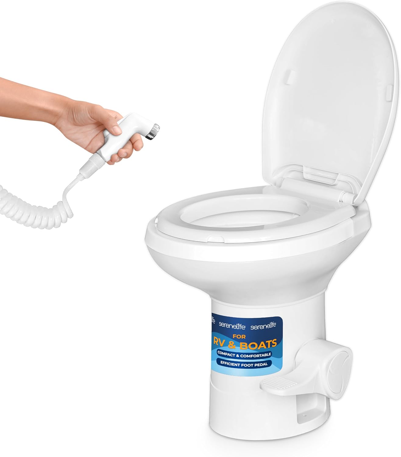 SereneLife Camper/RV Toilet – Easy Flush with Foot Pedal, Hand Sprayer, Soft-Close Seat, Leak-Proof Bowl, Odor-Free, Includes Accessories, Quick Install for RVs, Trailers, Boats & Marine Use