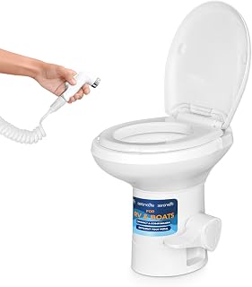 SereneLife RV Gravity Flush Toilet with Hand Sprayer & Installation Kit – Compact Leak-Proof Portable Camper Toilet Foot Pedal Flush, Water-Saving Jet Rinse, Soft Close Seat, High-Density Plastic Bowl