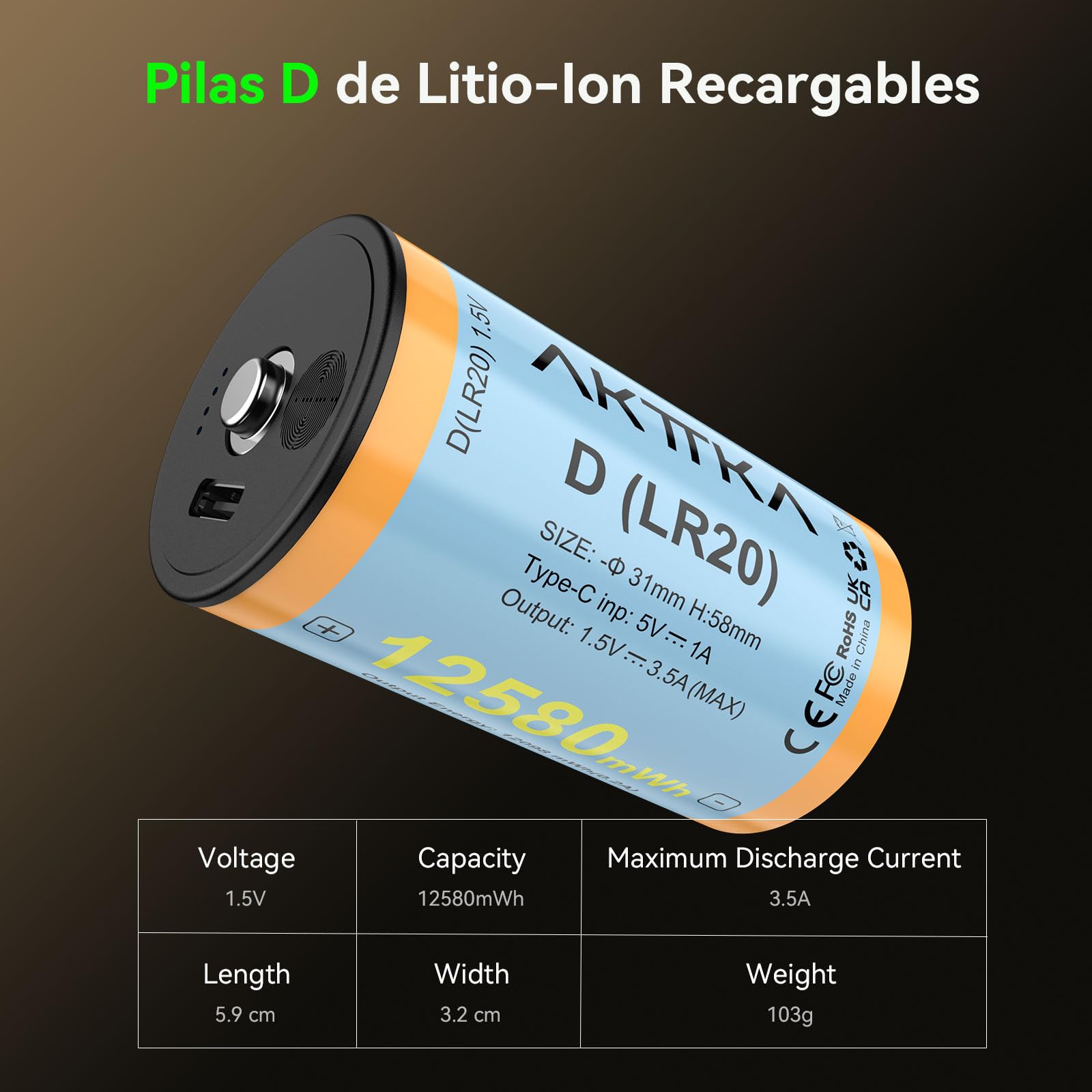 Pack de 4 Pilas Recargables Tipo D LR20 Li-Ion 1,5V 12580 mWh, Carga USB-C Directa 5V/1A, Cable 4 en 1, Pantalla Táctil Nivel Carga, para Linternas, Radios, Camping y Luces Emergencia