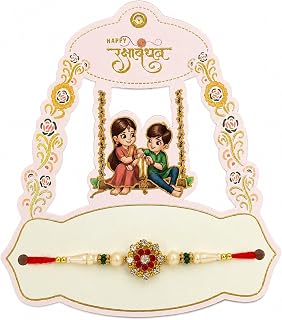 Raksha Bandhan Rakhi 형제를 위한 장식 인사말 카드 포함 | 꽃 센터피스가 있는 전통 진주 및 크리스탈 스타일 라키 | 락샤 반단 축제 선물 | 바로 선물할 수 있는 라키 카드 세트