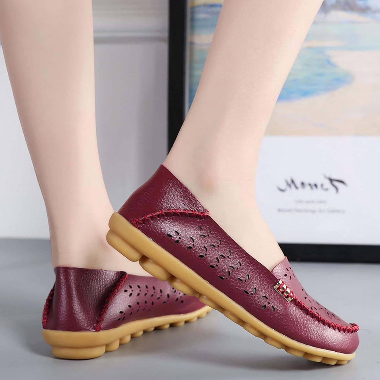 VenusCelia Women's Comfort Walking Boat Shoe 6.5 Wine(cutout)