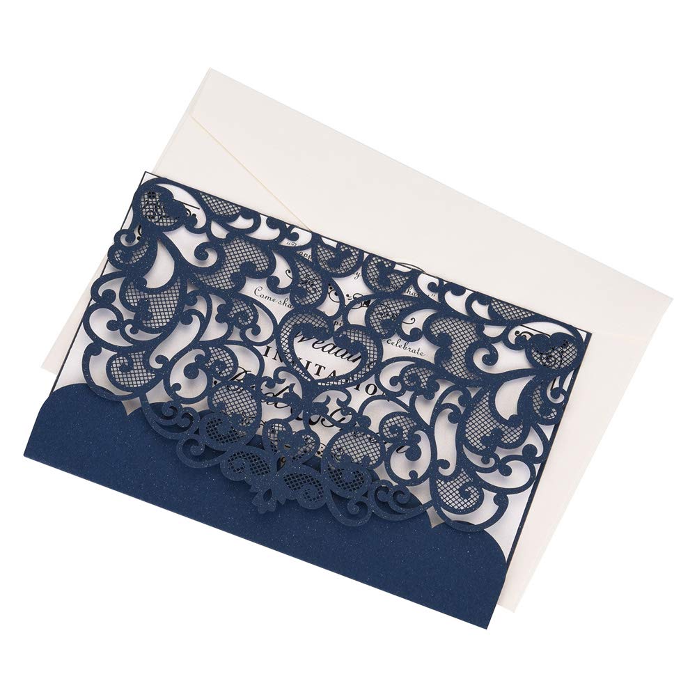 50 Invitations Mariage Bleu Marine Découpé Laser – Kit Avec Enveloppes Et Cartes Vierges