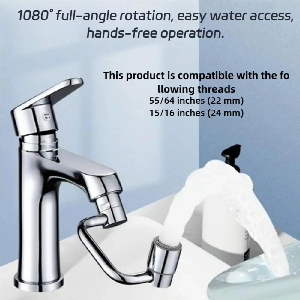 flexiflow 1080° Swivel Faucet Extender, Brass Sink Faucet Aerator Extension with Adjustable Robotic Arm – 2 Spray Modes, Fits 15/16” & 55/64” Threads for Kitchen & Bathroom (1pcs)