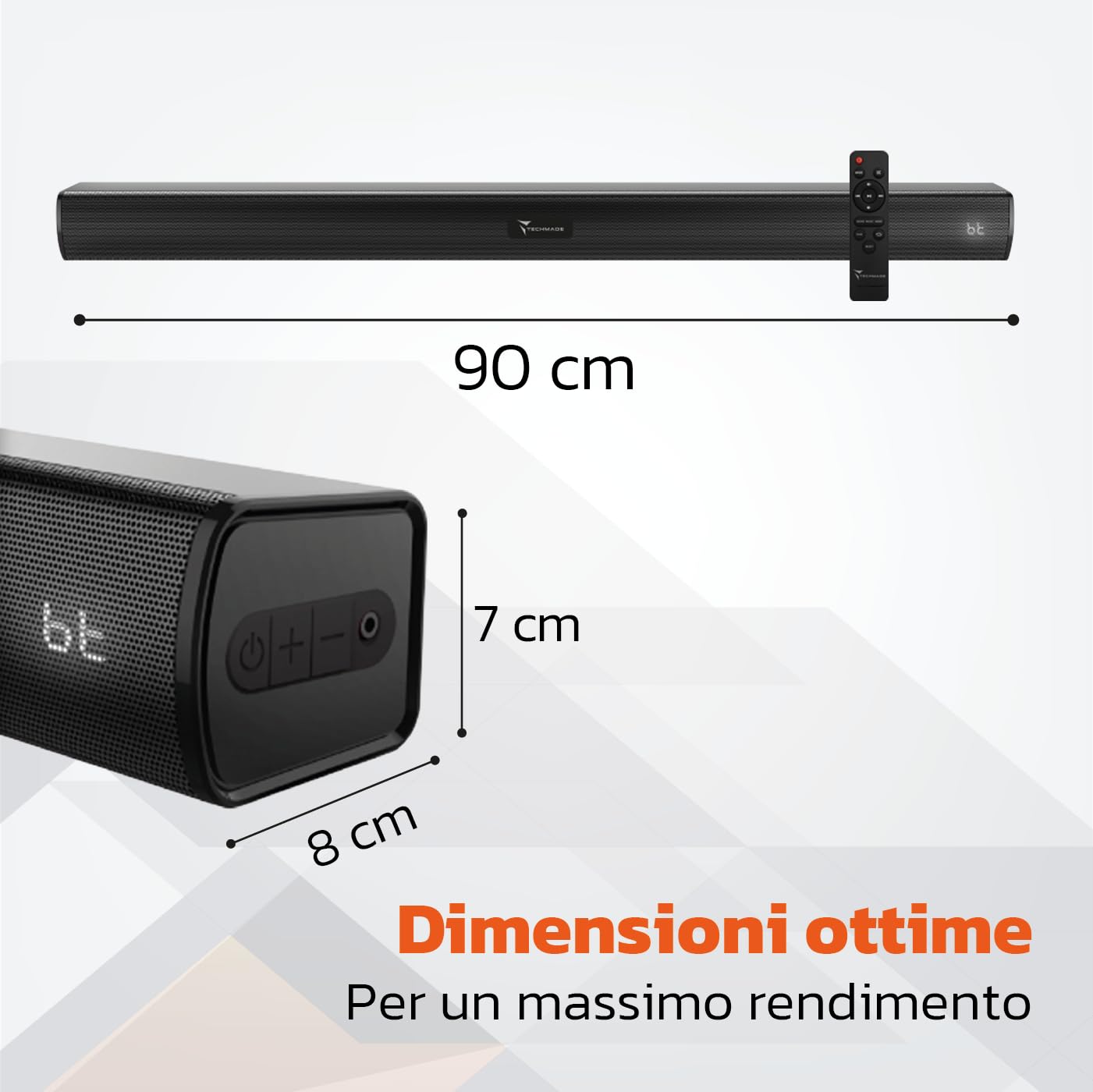 TECHMADE Soundbar TV 2.0 Bluetooth 120W HDMI ARC USB AUX Ottico Audio Potente Bassi Profondi Compatta