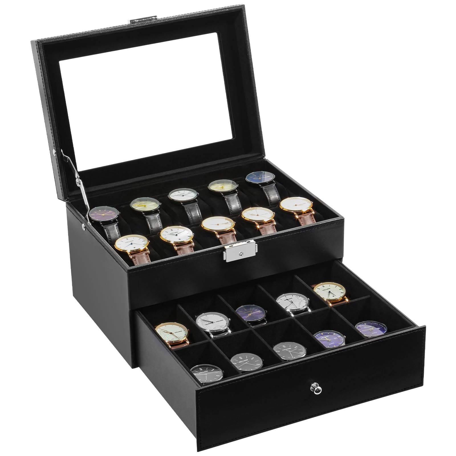 Uten 20-Slot Watch Box, 2-Layers PU Leather Watch Case with Glass Lid, Watch Holder Organizer with Soft Pillow and Velvet Lining, Watch and Jewelry