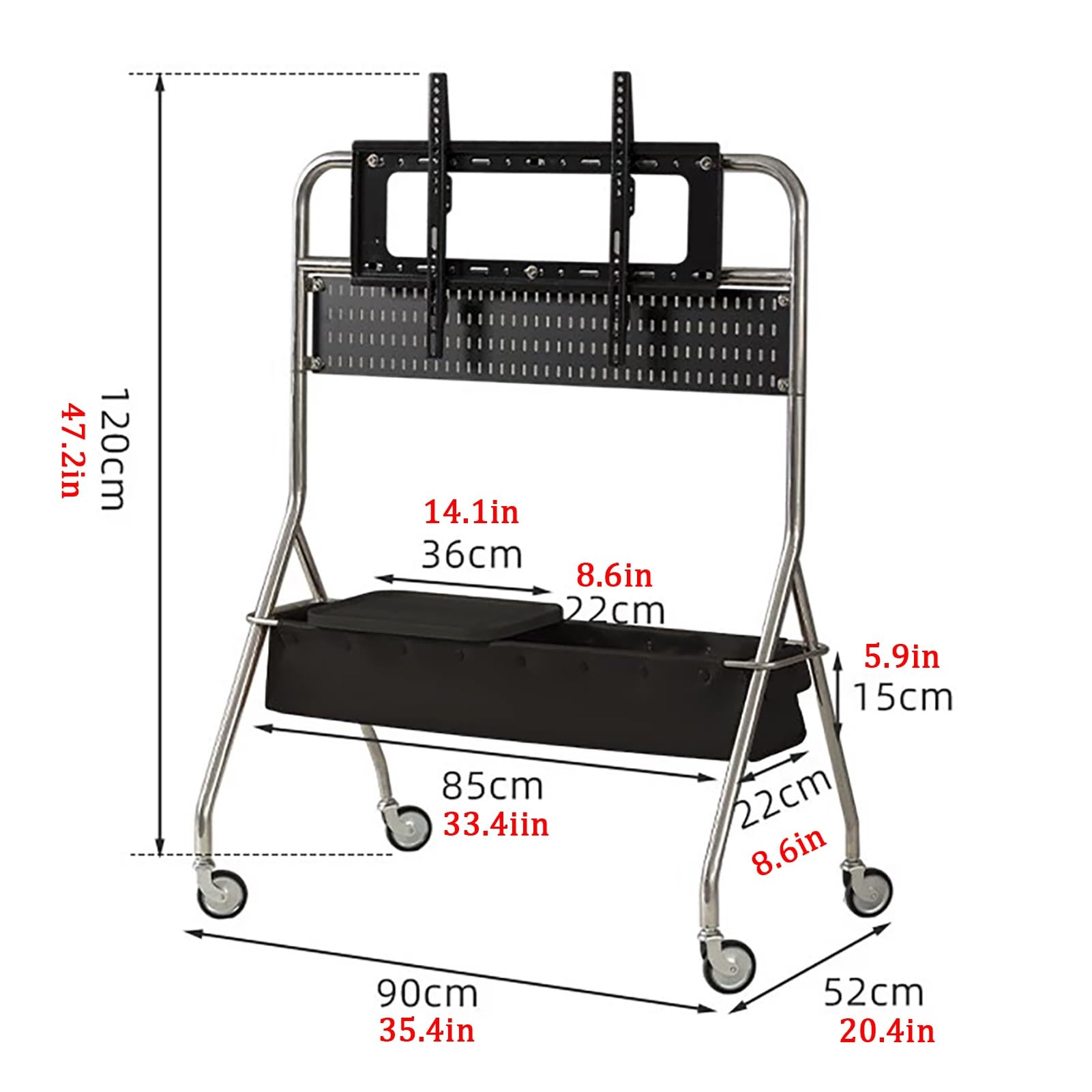 Genérico Soporte de TV móvil con Ruedas, Altura Ajustable para televisores de 40 a 80 Pulgadas, Carrito con Ruedas, Panel Perforado y Cesta de Almacenamiento de Cuero sintético, diseño Moderno en neg
