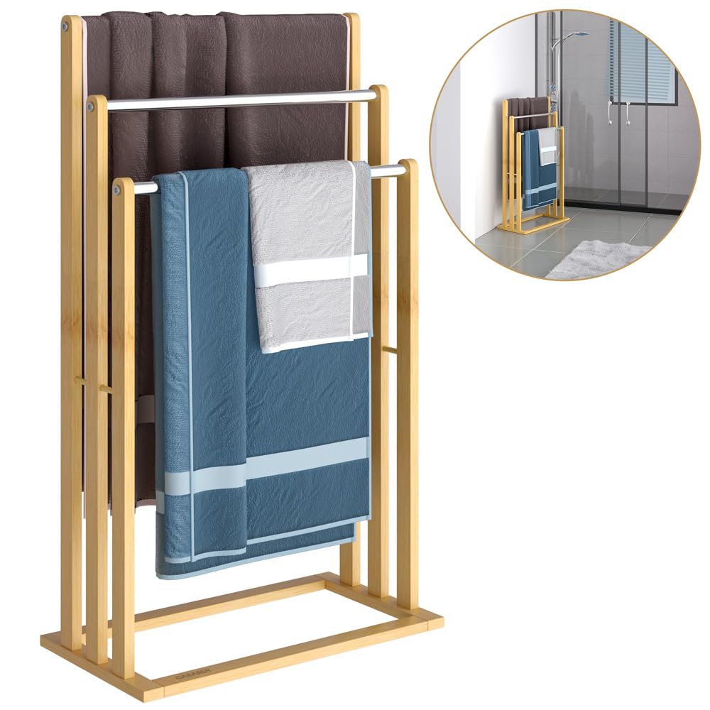 Porte-Serviettes en Bambou sur Pied avec 3 Barres Support pour Serviettes Étagère de Salle de Bain