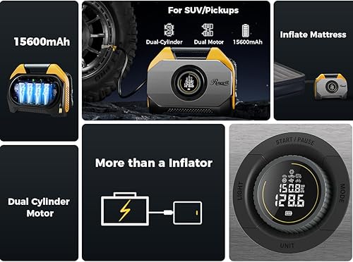 Miniatura 8 de Rosewill Vortex RS6C - Compresor de aire portátil inalámbrico para inflador de neumáticos, bomba de aire de 160 PSI para neumáticos de automóvil con