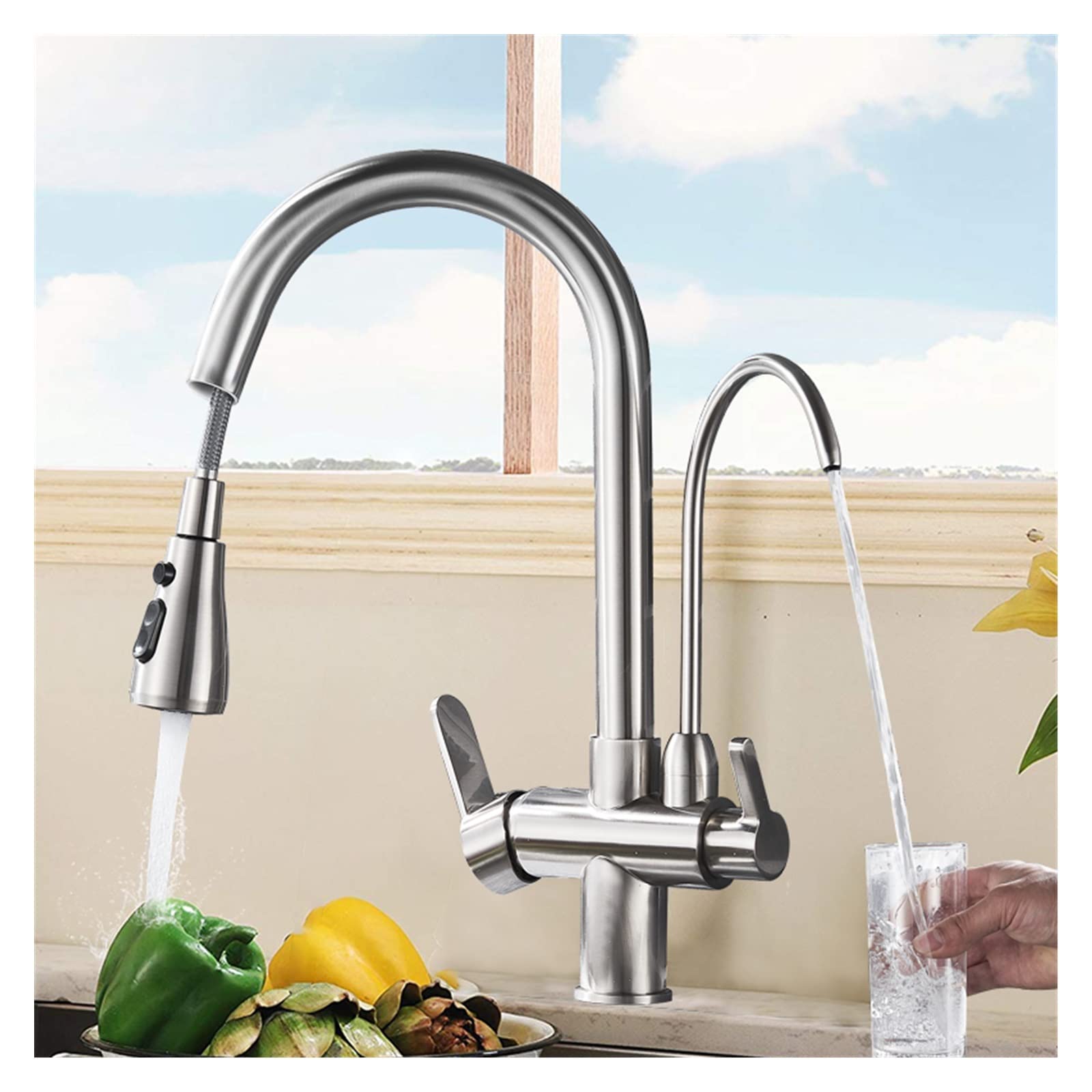 Hochleistungs-Küchenarmatur mit Wasserfilter, Zwei Griffen, 360°-Drehung und verchromter Oberfläche für einfache Wasserreinigung und verbesserte Filtration.