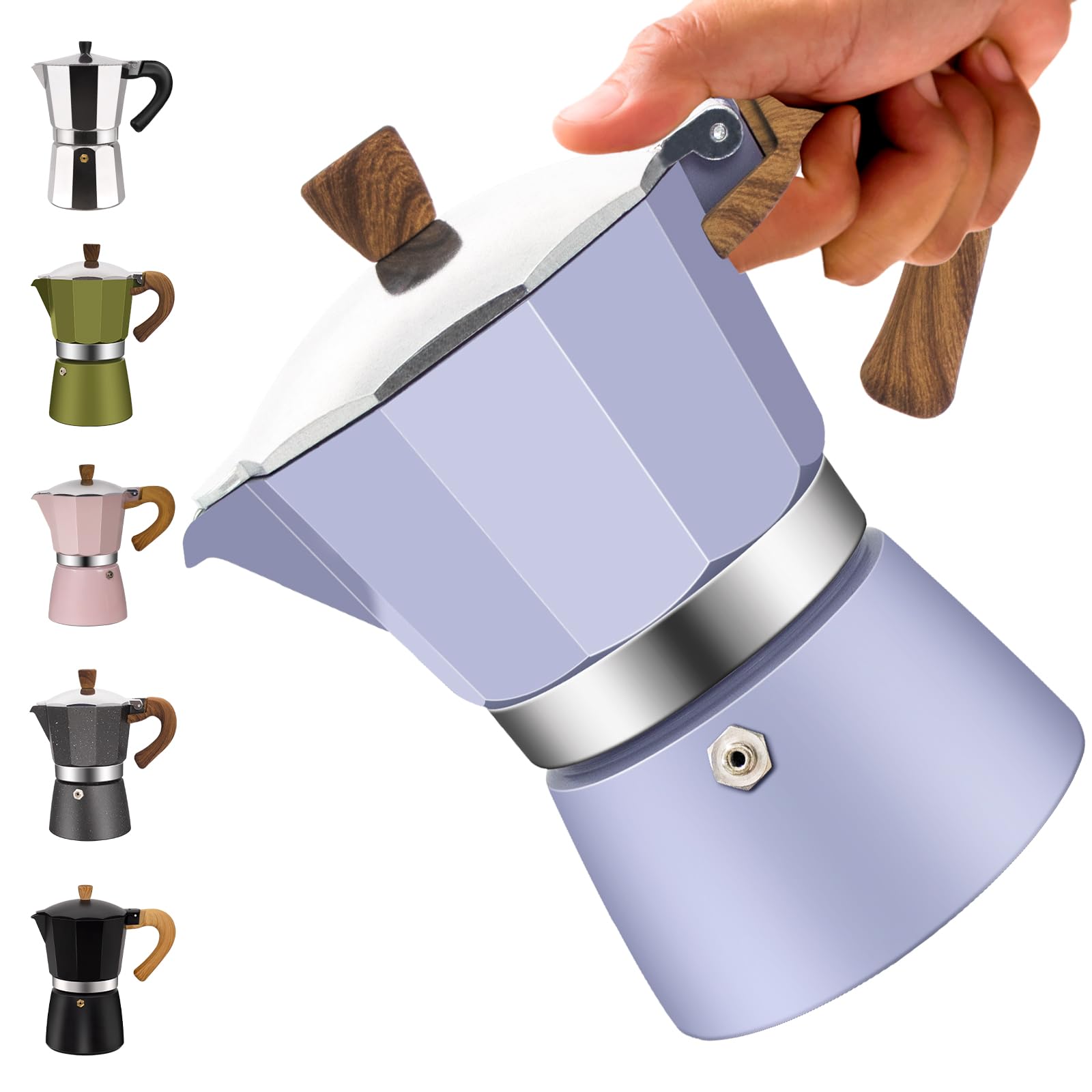 Cafetera moca clásica de aluminio para 3 tazas, 150 ml, cafetera, percoladora, cafetera Mocha Express, cafeteras preferidas para café italiano y cubano, color morado