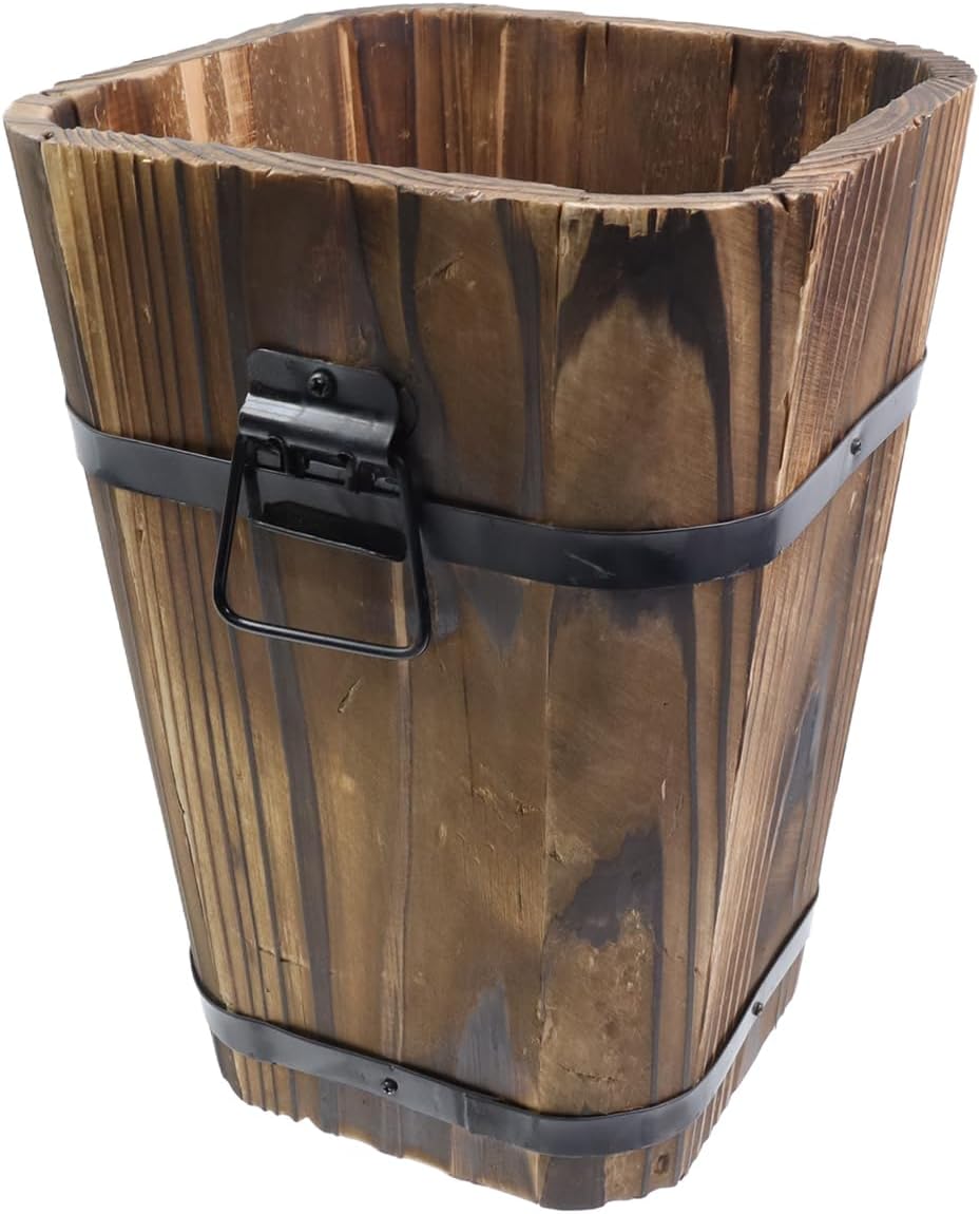 MY MIRONEY Plant Pots, Vintage Wooden Barrel Planter - Solid Rustic Garden Flower Pot with Metal Handles & Frame for Indoor Planter, Office Home Decor, Garden Home Plants, 6.69" x 9.45"