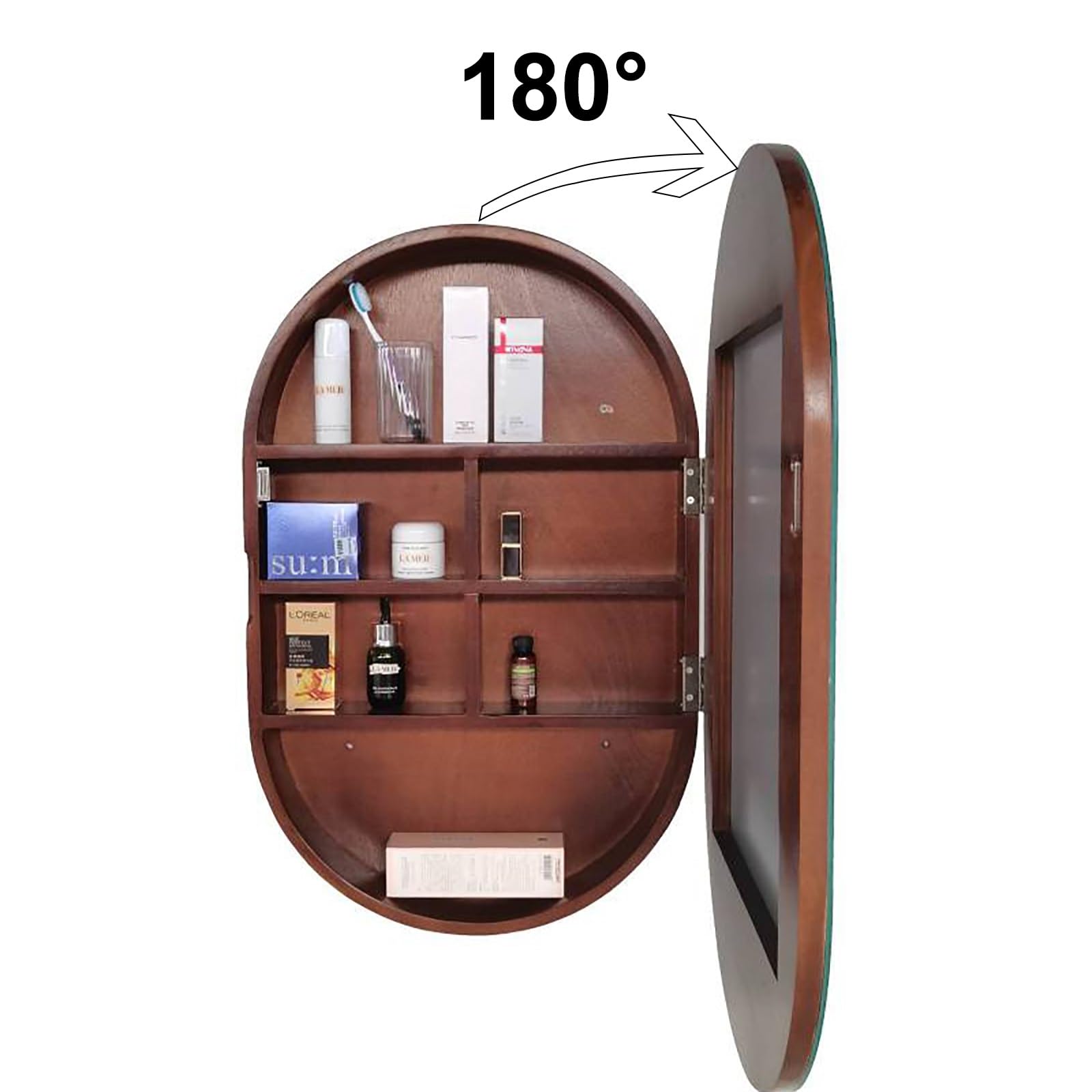 Botiquín con espejo, organizador de almacenamiento de madera arqueado montado en la pared para baño, sala de estar y dormitorio, ideal para inodoros y espacios compactos