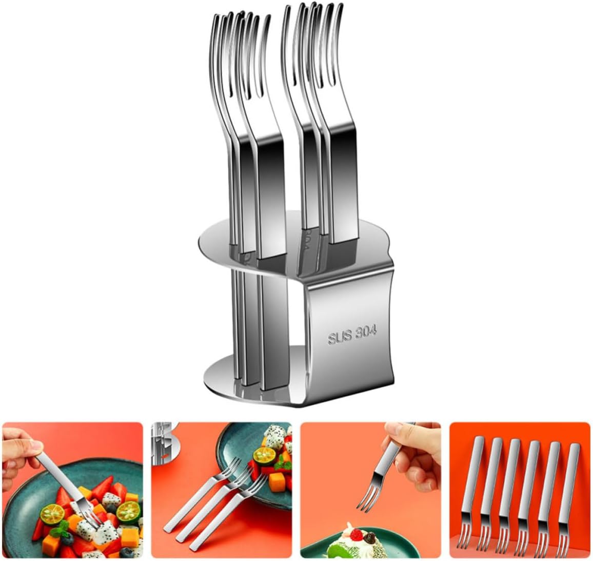 Stainless Steel Fruit Forks with Rack, Portable Dessert Picks