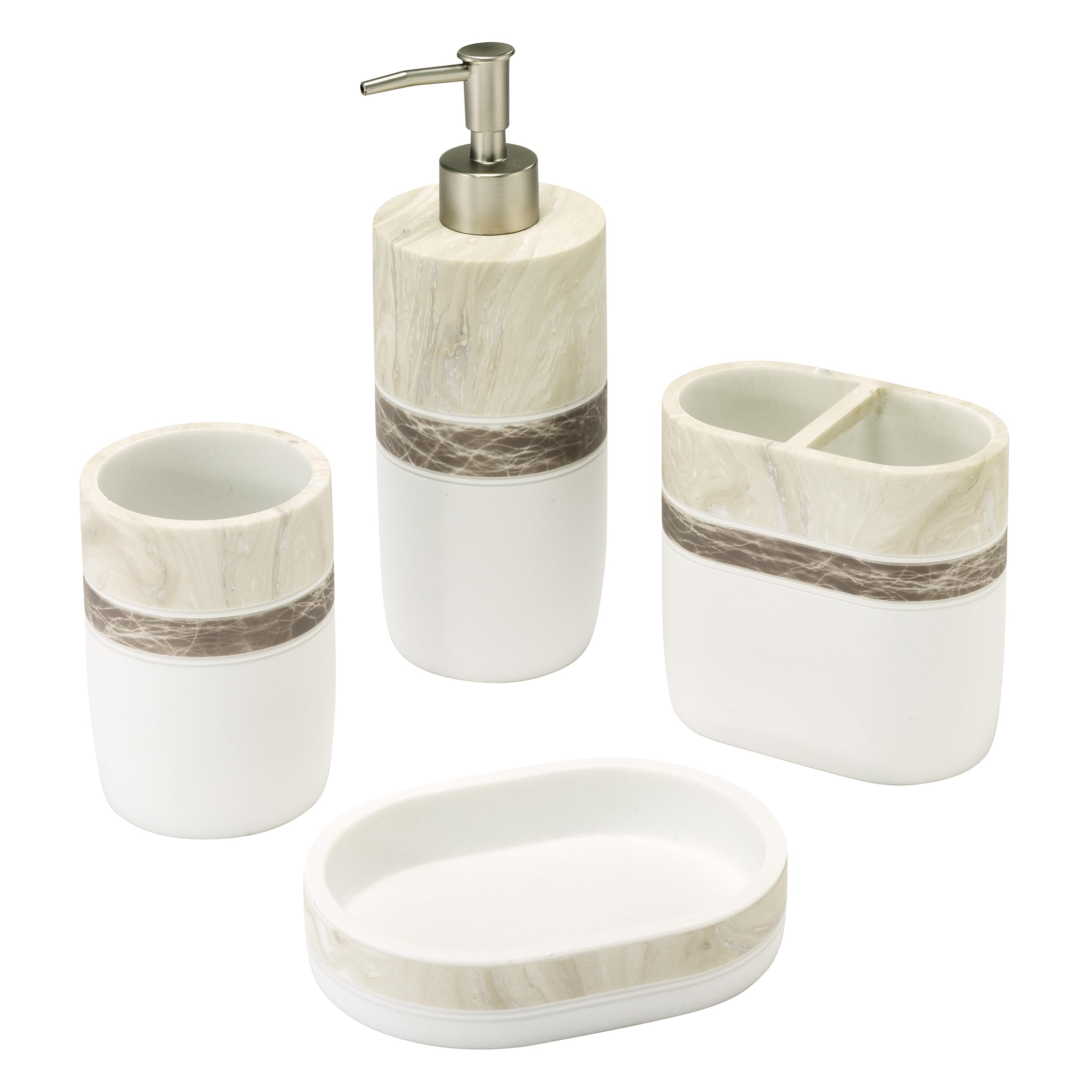 Izod Badezimmer-Zubehör-Set, handbemaltes Harz mit Marmoroptik, Farbblock-Design, dekorative Lotion-Pumpe, Seifenschale, Zahnbürstenhalter und Becher (ordentlich)