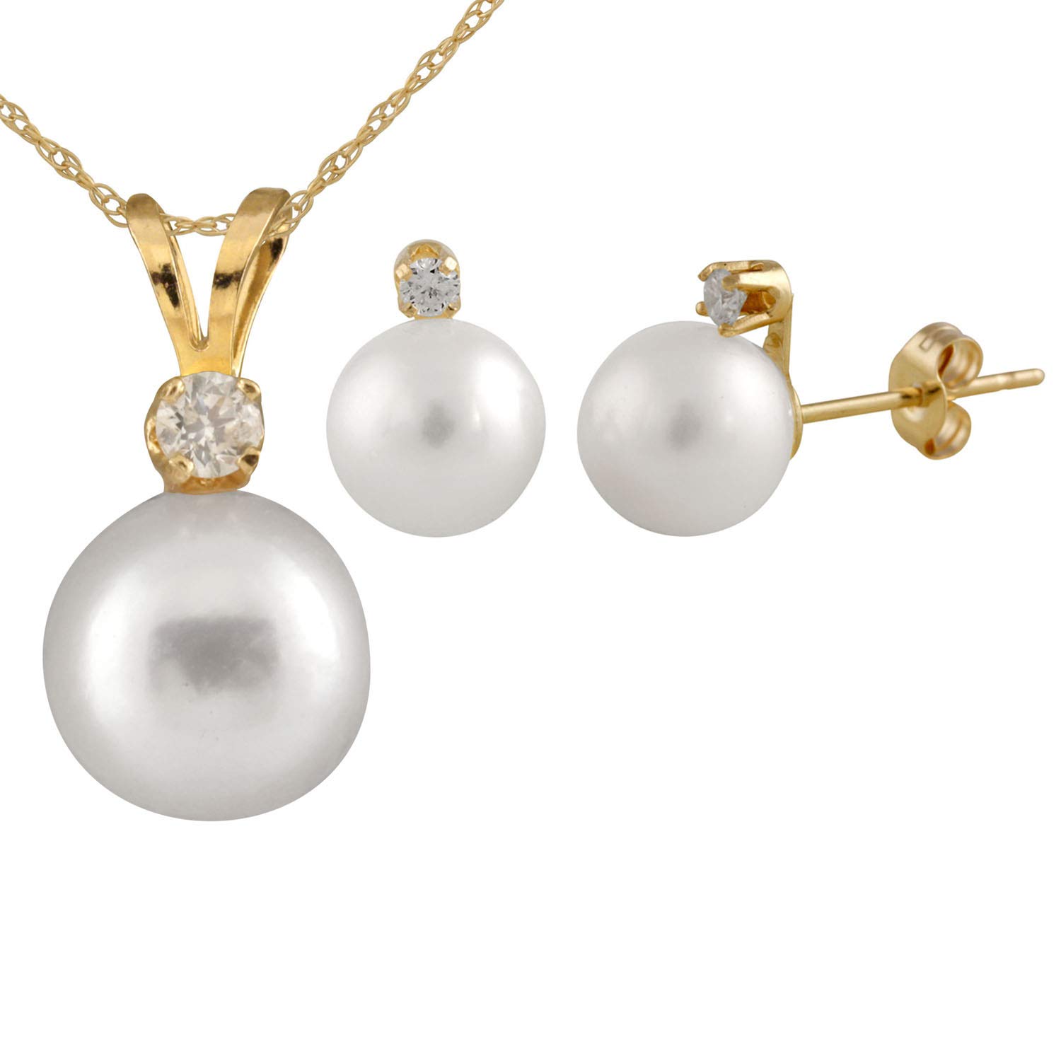SPLENDID PEARLS14K Gold Handpicked AAA Quality Round Genuine White Akoya Cultured Saltwater Pearl and Diamond Pendant Matching Stud Earrings Set on 17" Chain