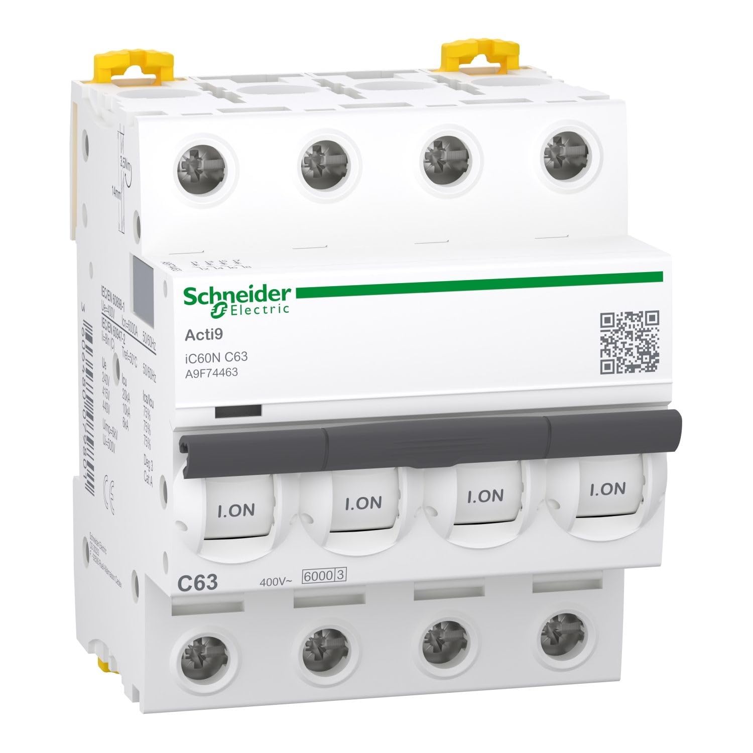 Schneider Electric A9F74463 IC60N Disyuntor, Acti9, Curvatura C, 4P, 85 mm Altura x 72 mm Anchura x 78.5 mm Profundidad, 63 A Corriente, 50/60 Hz, Blanco