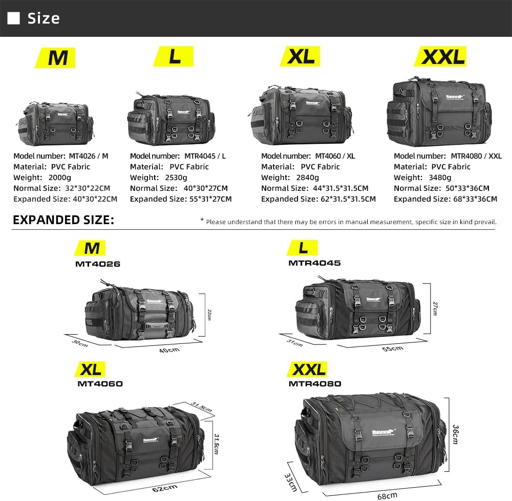 Rhinowalk Motorcycle Saddle Bag Motorbike Tail Bag Waterproof Expandable Pannier Bag Powersports Travel Luggage 33-45L (Black) - Image 7