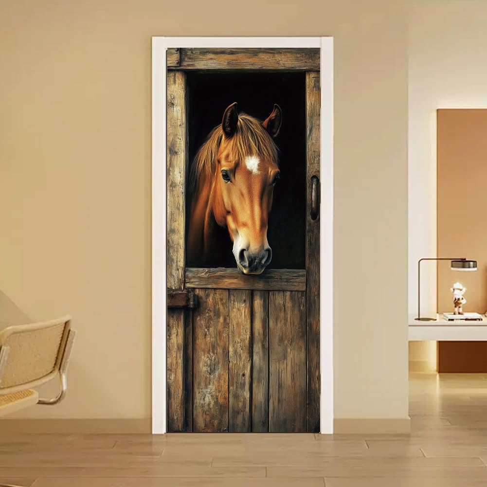 arricraft 2 Pcs Self-Adhesive Door Sticker, 31.5"x78.7" Horse in the Door Pattern Door Murals Stickers PVC Removable Wallpaper Decoration for Bedrooms ​Living Room