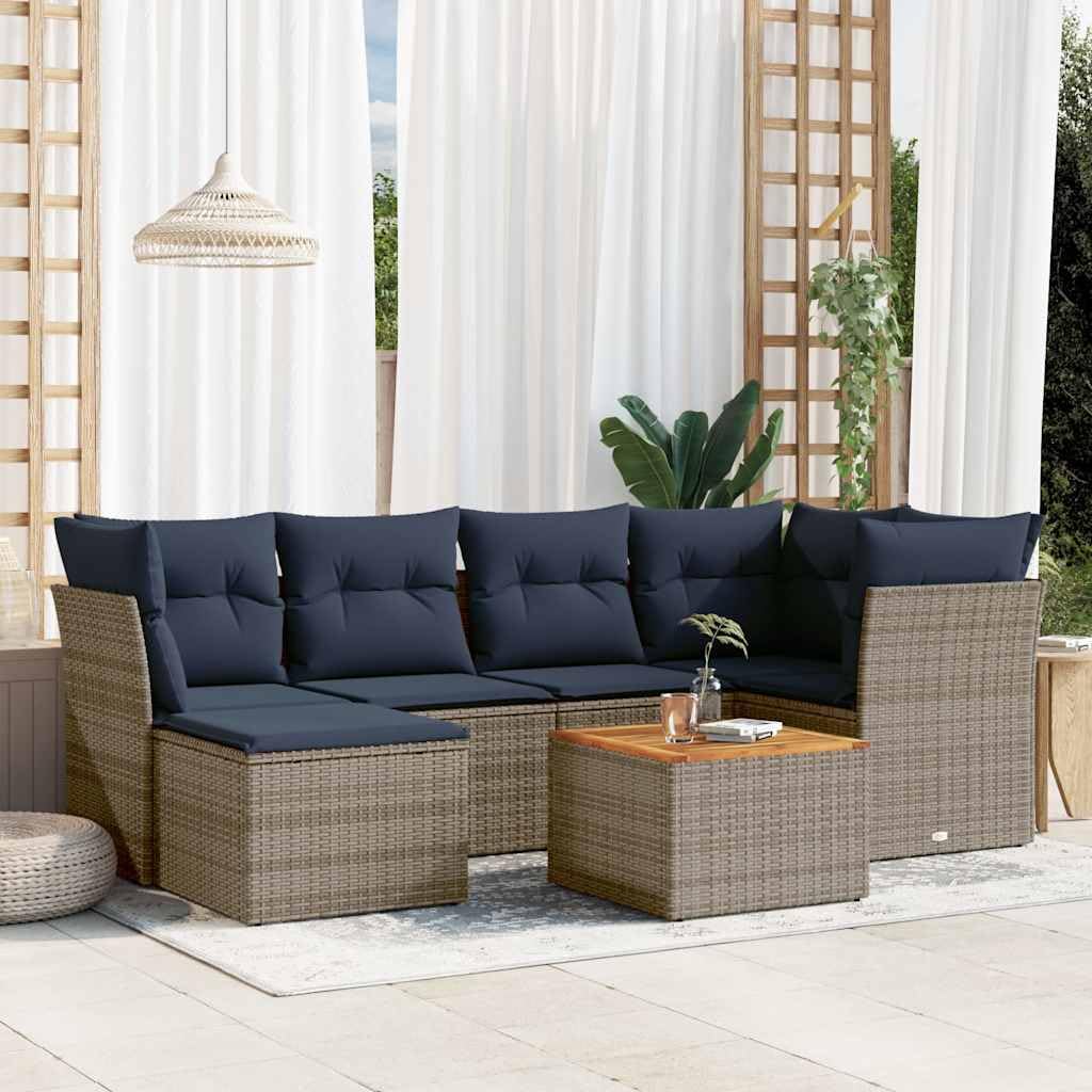 Juego de 7 sofás de jardín de polirratán con espacio de almacenamiento, conjunto modular para jardín y terraza, mesa de jardín de madera de acacia, incluye cojines, color gris