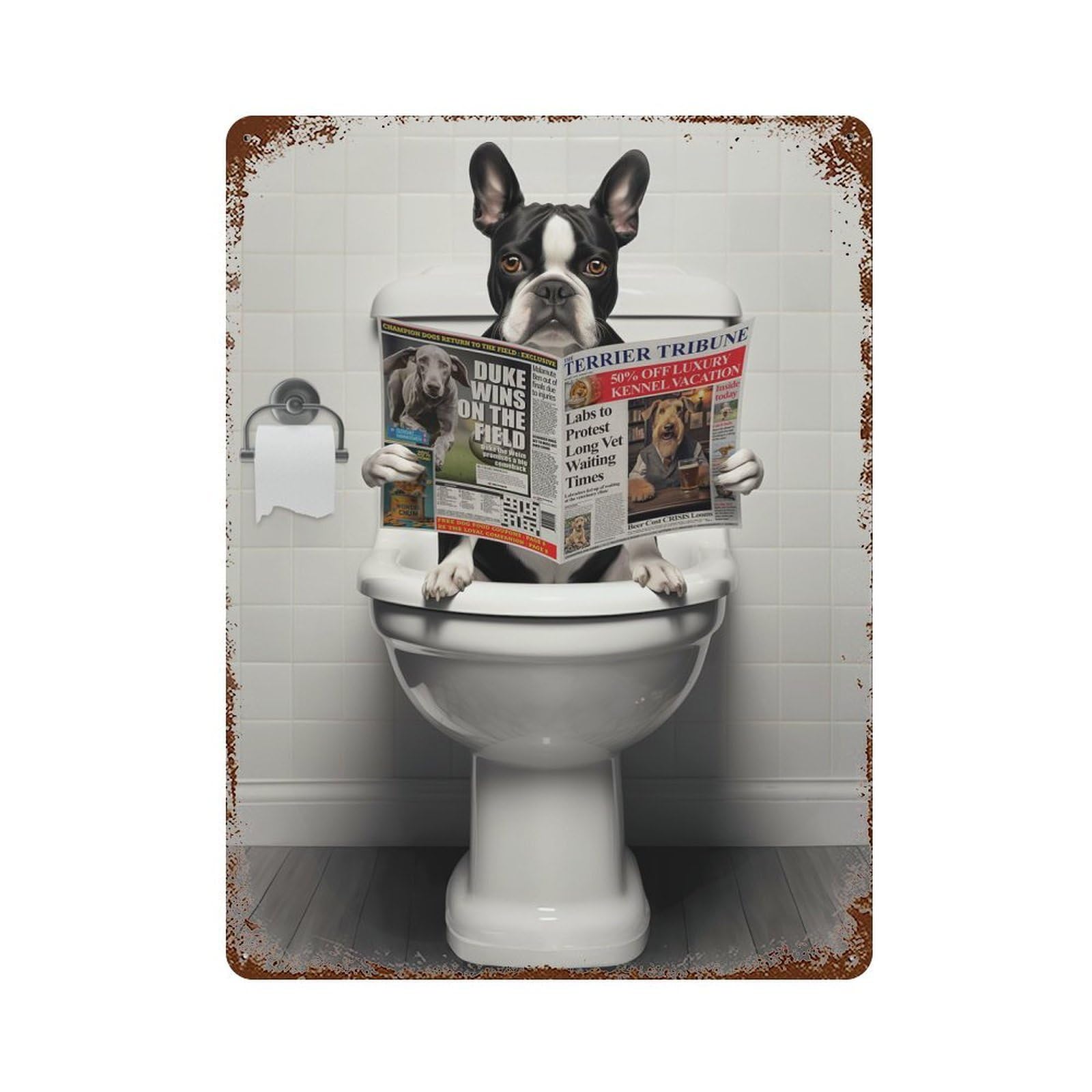 Vintage Rust Metal Sign with Boston Terrier on Toilet Design 15.7"x11.8", for Shed, Workshop And Garage Wall Decor, Classic Wall Plaque