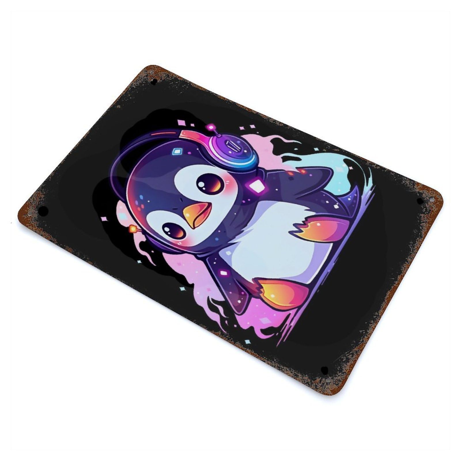 Music Penguin Aged Metal Wall Plaque 11.8"x7.9", for Shed, Workshop And Garage Wall Decor, Old School Wall Decor