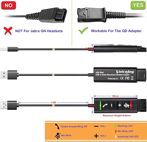 Vista 15 de VoiceJoy Cable QD de desconexión rápida de auriculares de centro de llamadas a adaptador de enchufe USB para Plantronics QD Conector a cualquier