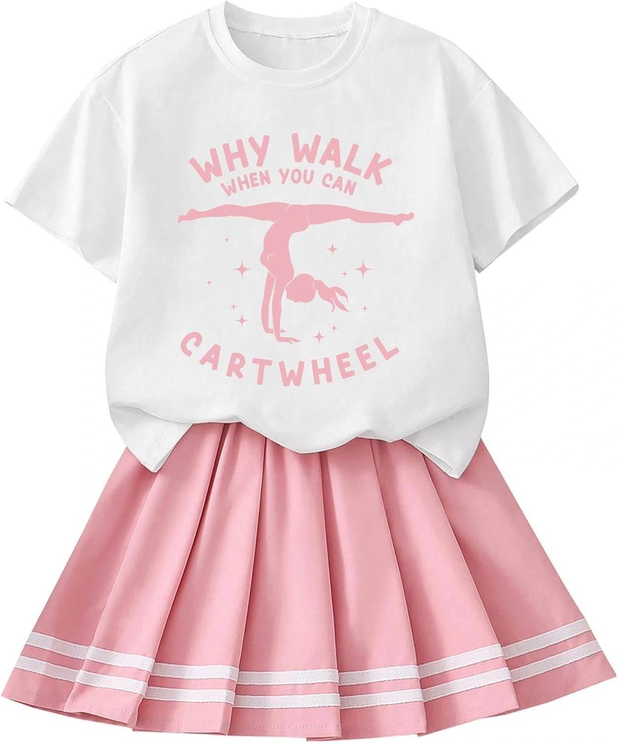 Girls 2 Piece Summer Outfits Cute Graphic Short Sleeve Tops and Pleated Skirt Set
