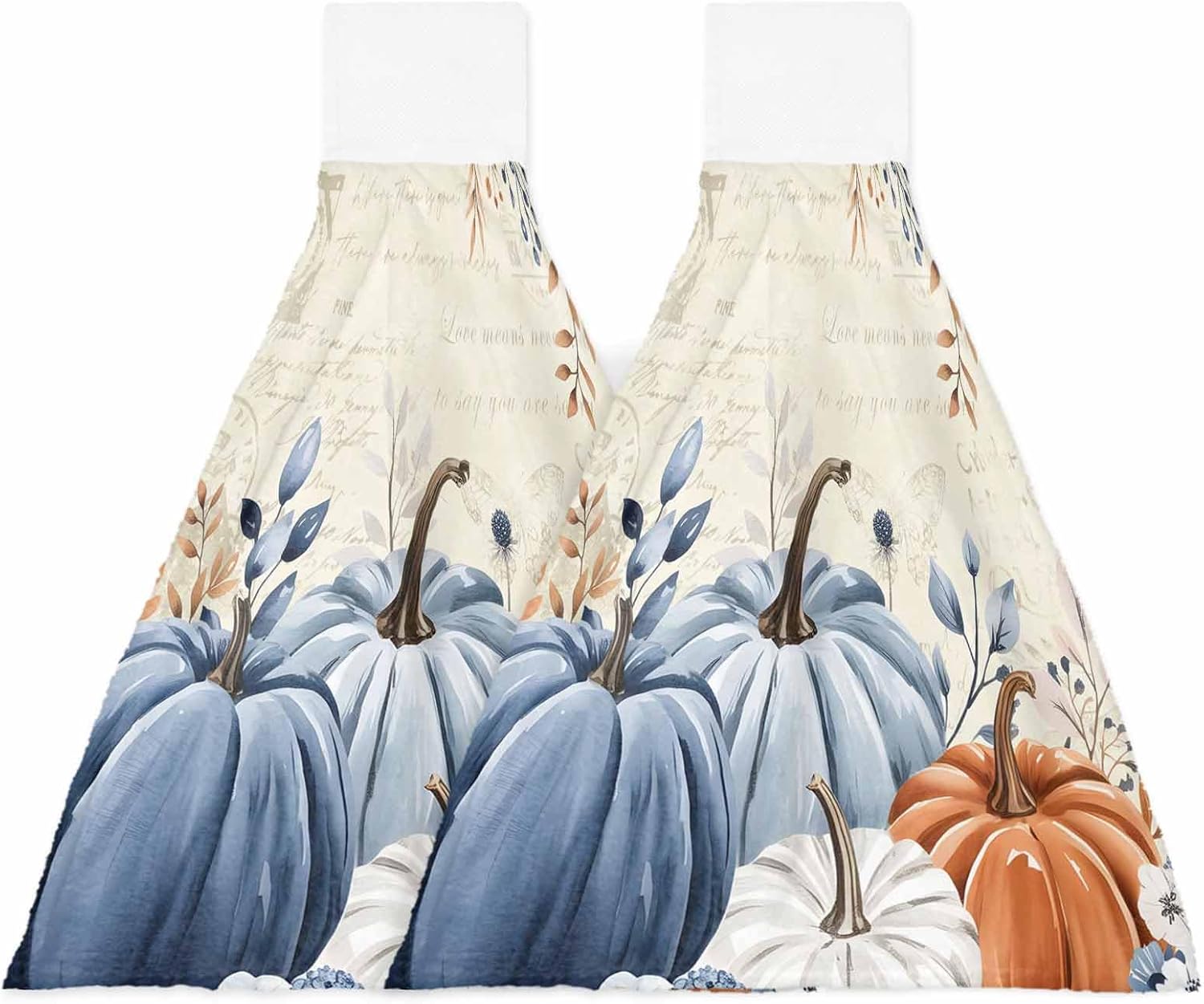 Fall Hanging Kitchen Towels with Loop Blue Pumpkin Hand Tie Towels Set of 2 Floral Eucalyptus Leaf Thanksgiving Soft Absorbent Dish Dry Towel for Kitchen Bathroom Tabletop Tea Bar Autumn Decor Gift