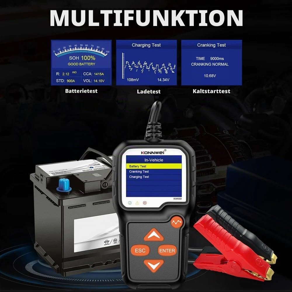 KONNWEI KW650 6V/12V Autobatterietester 100-2000 CCA, Unterstützung 13 Sprachen, 2,4 Zoll Bildschirm, Batterietester Autolade-Startsystem Automobil-Batterieanalysator für Autos, Boot, SUV, Motorrad