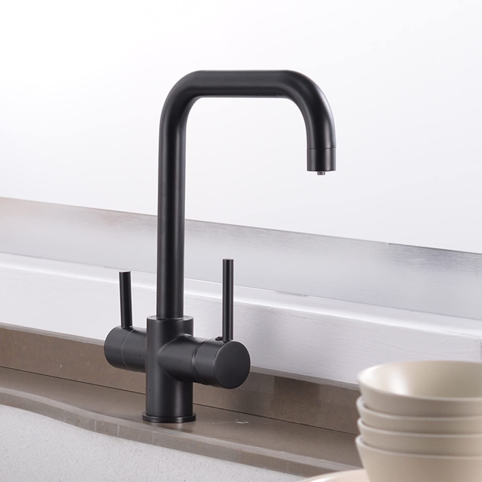 Grifo Cocina 3 Vias Negro Grifo para Depuradora Latón Giratorio Multifuncional Grifo para Fregadero de Cocina C