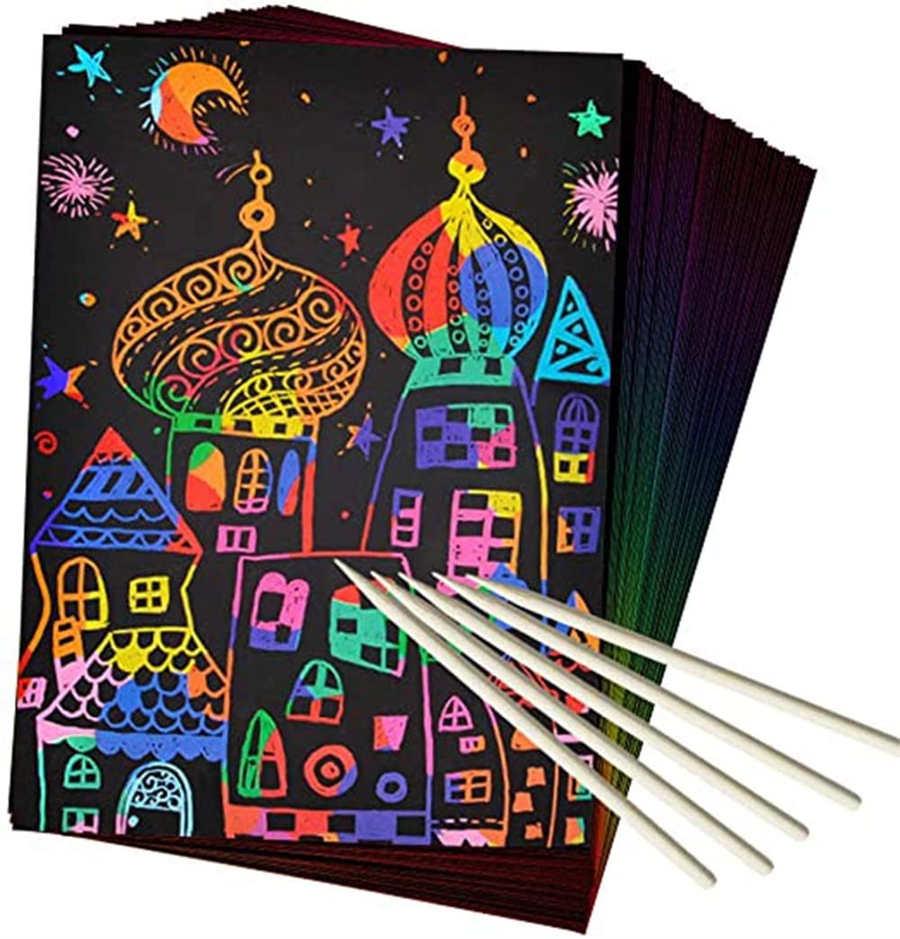 50Pcs Scratch Art Set - Rainbow Magic Scratch Paper Art And Crafts Kit For Kids Black Scratch off Note boards, with 5 Wooden Stylus for Party Favor Game Activities Gift