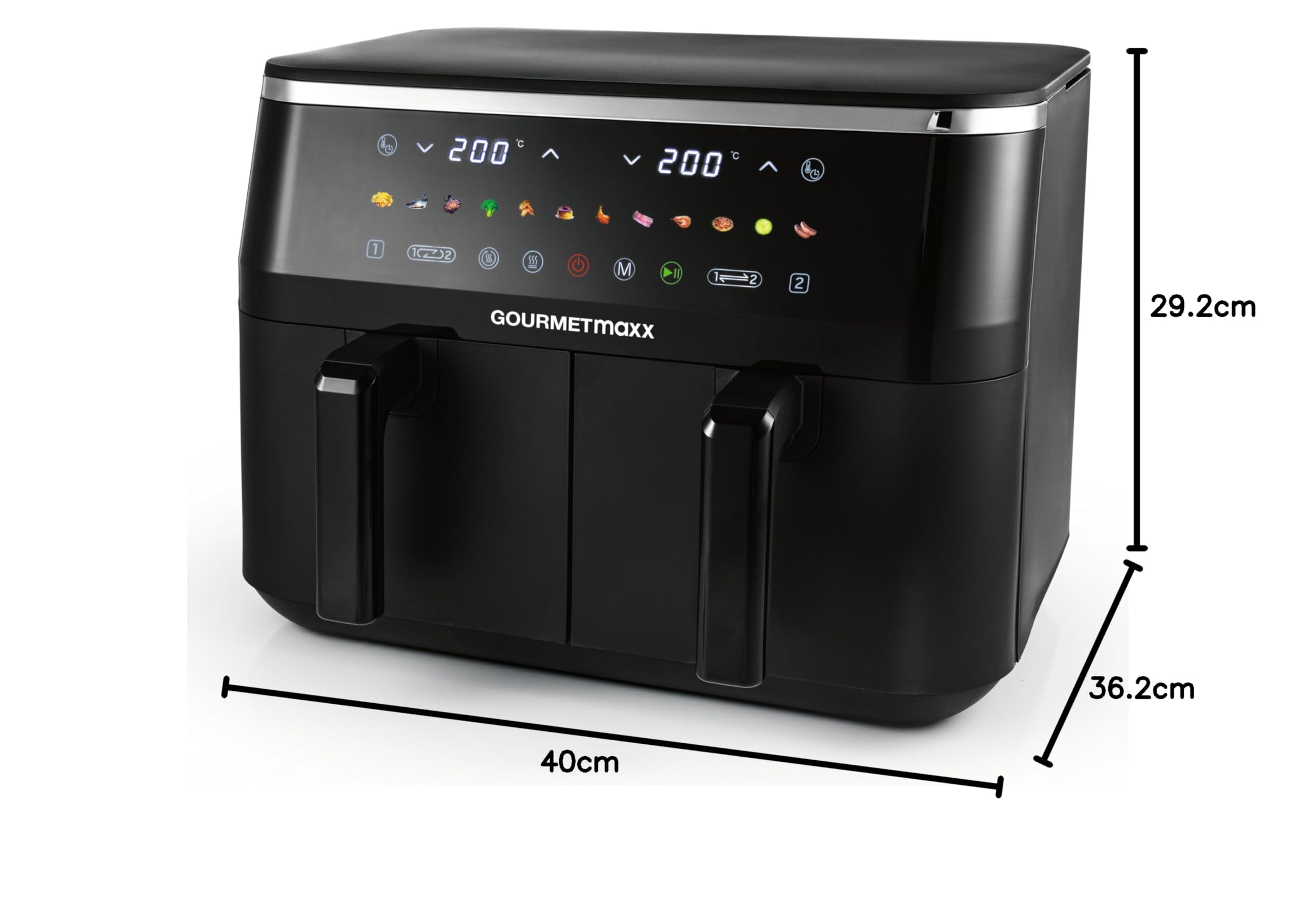 GOURMETmaxx Doppelkammer Heißluftfritteuse - 2 x 4,5 L | Synchro-Garzonen Airfryer | Fritteuse mit LED-Touchscreen, Farb-Icons | Heißluftfritteuse 2 Kammern mit 12 Programmen | fast ohne Öl frittieren