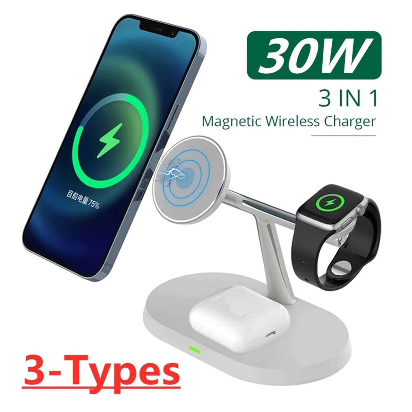 30W 3 en 1 Cargador inalámbrico magnético for teléfonos Inteligentes Qi Base de Soporte Carga rápida, Soporte Diseño portátil(Model JD85 Black)