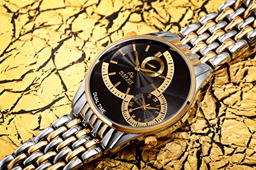 August Steiner Men's Complication Watch - Dual Time Zone Display Quartz Watch Pattern Etched Dial With Roman Numerals Stainless Steel Bracelet - As8141 #TOP6