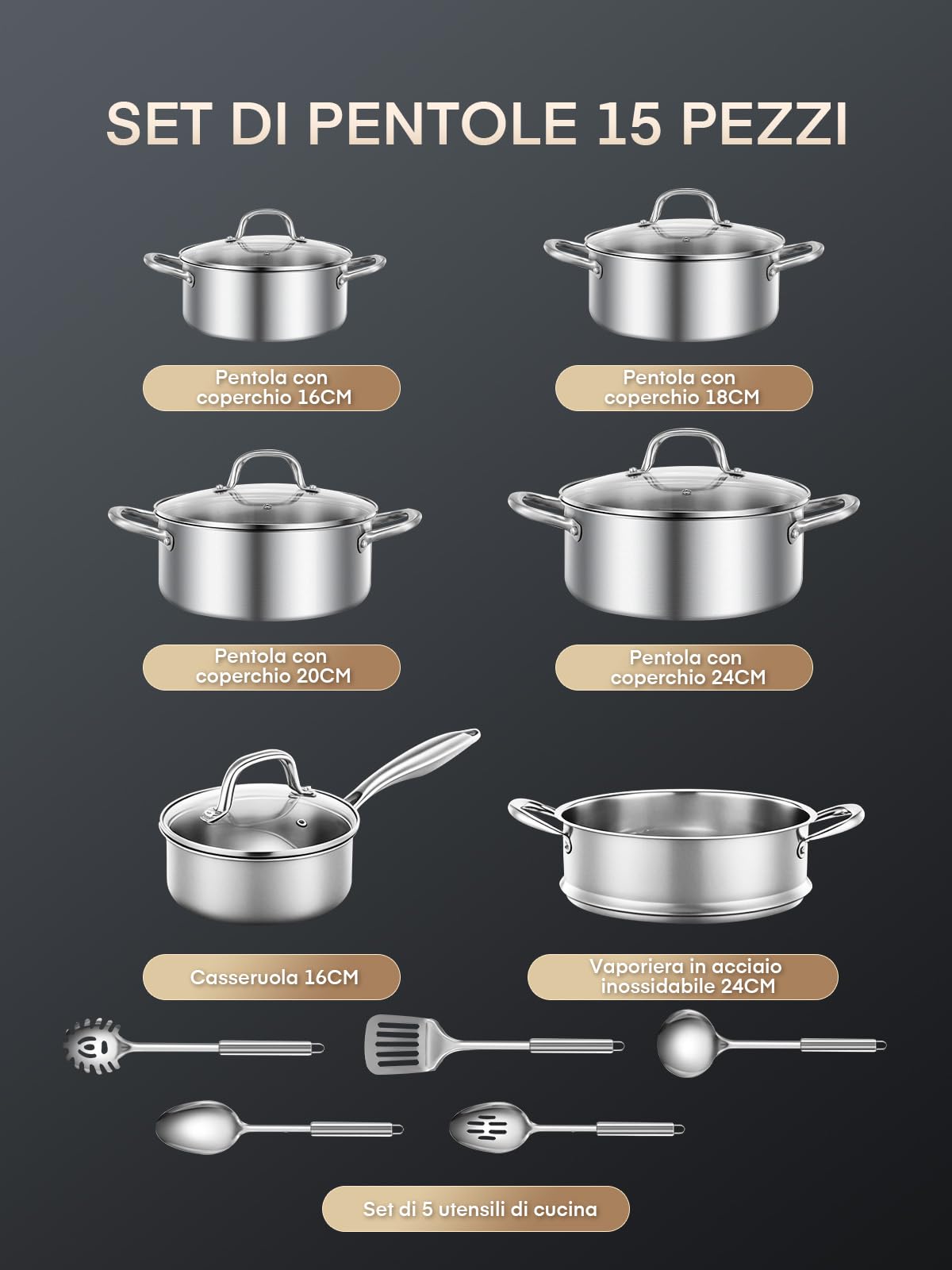 Pentole Induzione, Set Pentole Induzione 15 Pezzi, Batteria Pentole Senza Rivestimento Con Insert Per Vapore, Set Pentole Acciaio Inox Compatibile Con Tutti I Tipi Di Cucine