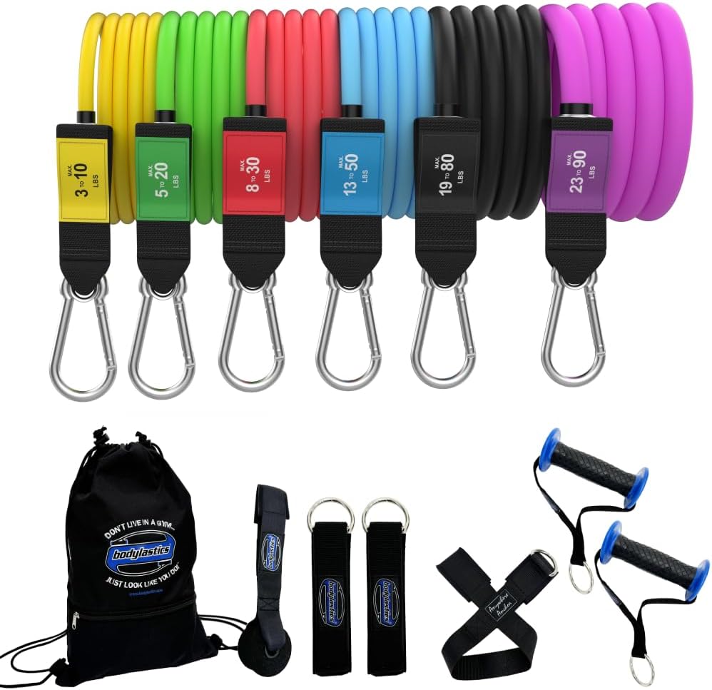 Bodylastics 14 pcs Snap Guard Resistance Bands Set with 6 Stackable anti-snap exercise tubes, Heavy Duty components, carrying case, massive 3x4 ft. Wall Chart, and FREE 3 month access to over 2000 full length resistance bands workout videos from Pilates t