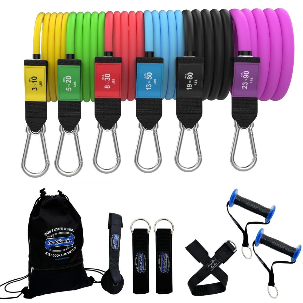 Bodylastics Resistance Band Set - Resistance Bands with Handles, Ankle Straps, Door Anchor, Carry Bag - Heavy-Duty Stretch Exercise Bands -Patented Clips and Snap Reduction Tech -Fitness Workout Band