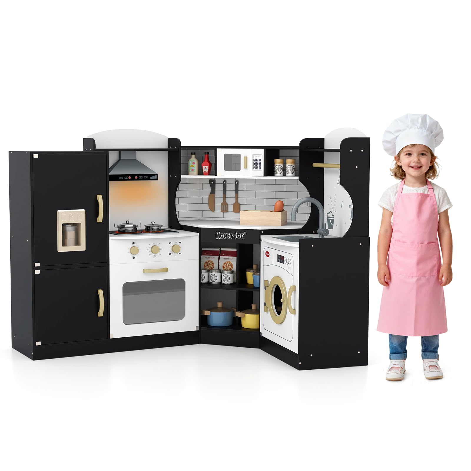 Kids Corner Kitchen Playset, Wooden Play Kitchen with Washing Machine, Range Hood, Ice Maker, Microwave, Oven, Sink, Little Chef Pretend Cooking Toy Set for Toddler (Black+Gold)